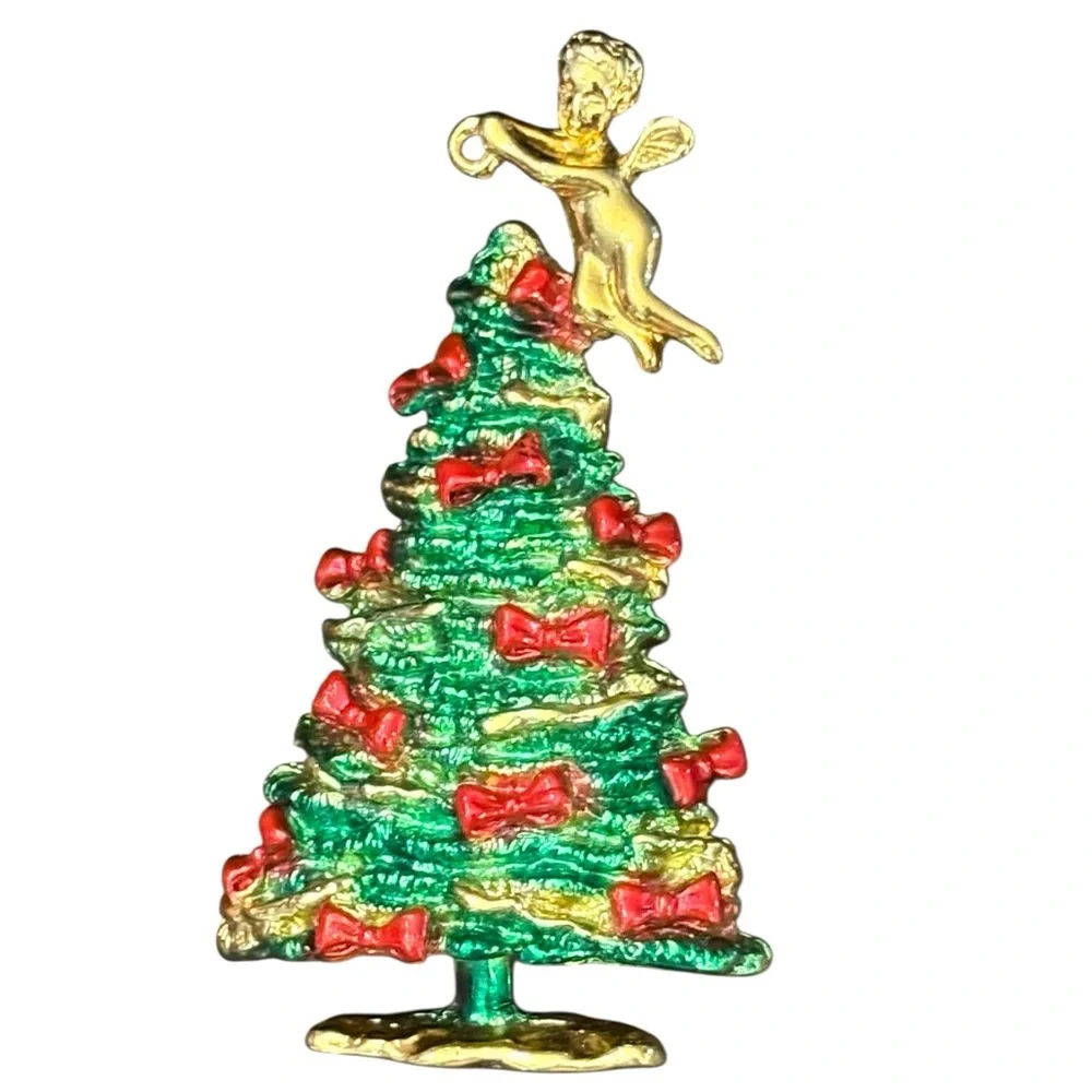 Vintage Christmas Tree Brooch Angel Brooch Holiday Gold‎ Tone Estate Pendant